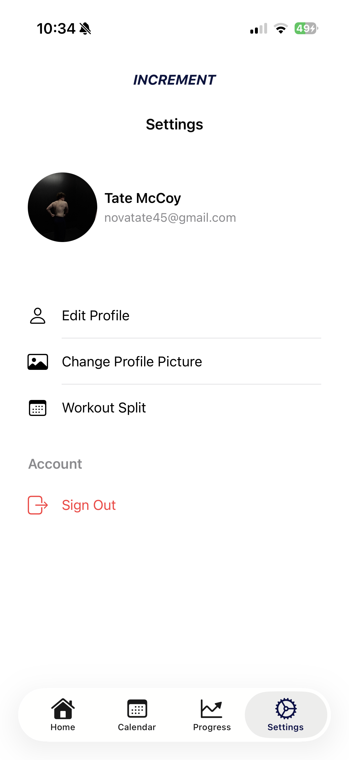Increment Settings Screen